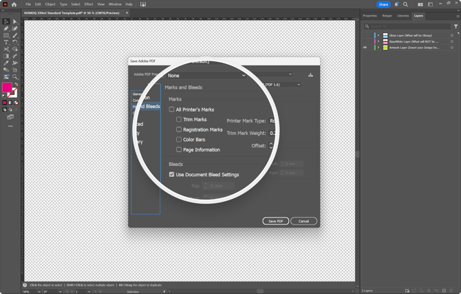 Pas de marques de recadrage ni de fonds perdus